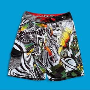 Lost Enterprises Y2K Relaxed Cargo Graphic Print Swim Shorts Mens 34x10 Skater